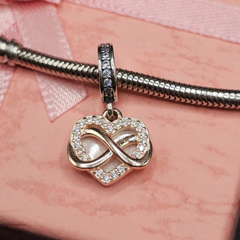 Sterling Silver 925 Sparkling Infinity Heart CZ with Pink Heart Dangle Charm